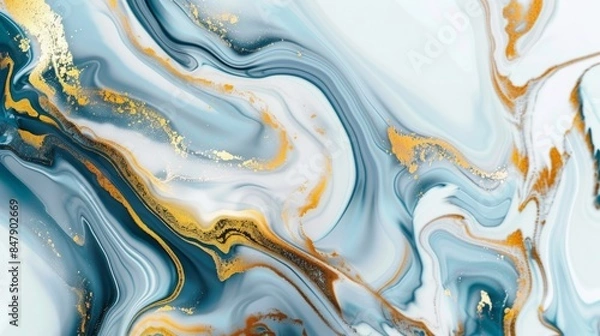 Fototapeta A fluid abstract background with marbled patterns in blue, gold, and white.