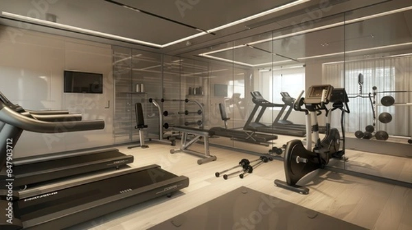 Fototapeta modern home gym with sleek equipment, a mirrored wall, and ample space for various workouts