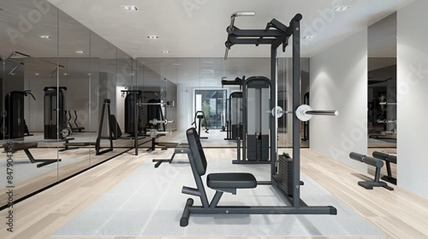 Fototapeta modern home gym with sleek equipment, a mirrored wall, and ample space for various workouts