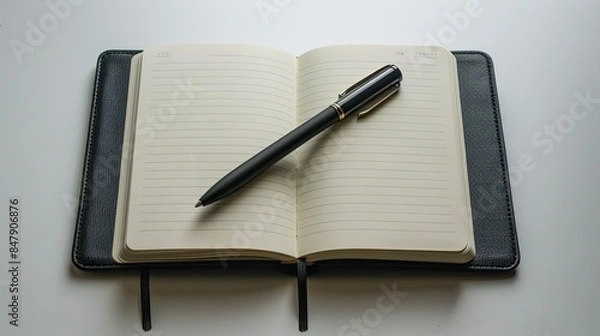 Fototapeta a gray open notebook with a leather cover and a black pen on a light plain background