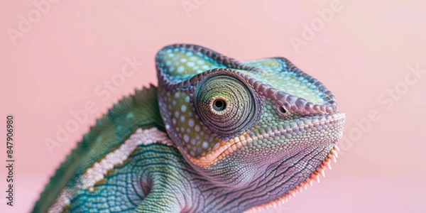 Fototapeta Close up chameleon portrait in pastel colors palette on simple colored background with copy space