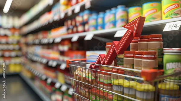 Obraz Illustration of rising grocery prices depicted as a financial graph with a 3D rendered arrow, symbolizing an inflation crisis in food costs