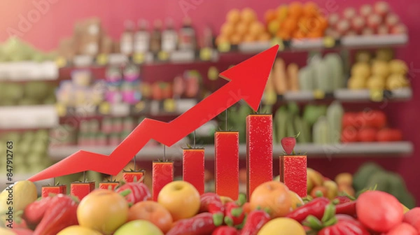 Obraz Illustration of rising grocery prices depicted as a financial graph with a 3D rendered arrow, symbolizing an inflation crisis in food costs
