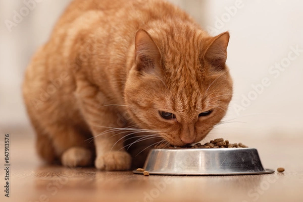 Fototapeta A pet eats food, hungry red cat