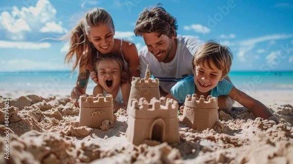 Fototapeta A family of four enjoys building sandcastles on a sunny beach