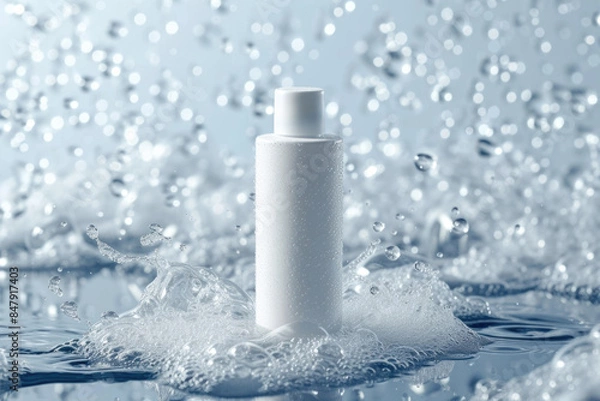 Obraz A sleek blank white plastic bottle mockup surrounded by splashes of water, bubbles, foam and shimmering droplets, symbolizing freshness, hydration, and purity. Skincare, cosmetics, or wellness product