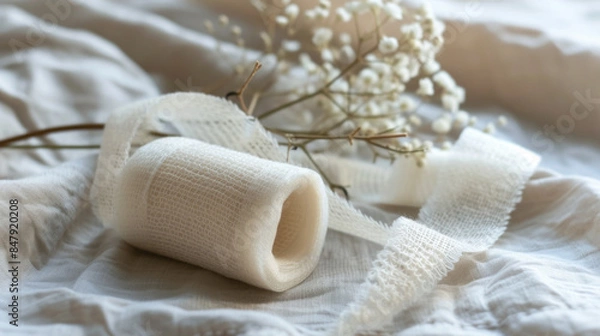 Fototapeta Close up of White Clean Rolled Bandage with Gypsophila Flowers on White Fabric Surface Background