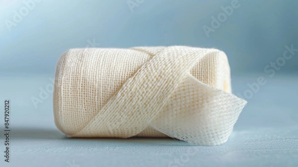 Fototapeta Close up of a White Clean Rolled Bandage Isolated on Solid Light Blue Background Surface
