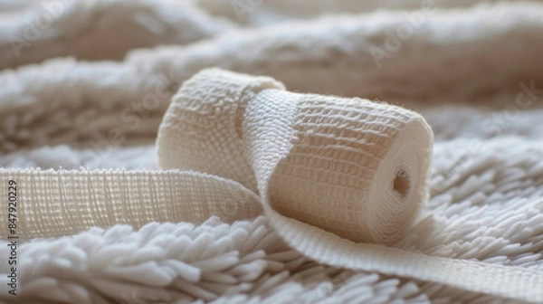Fototapeta Close up of White Clean Rolled Bandage on a Soft Beige Fabric Surface Background 