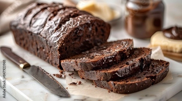 Fototapeta Sliced chocolate sourdough bread on a marble board, accompanied by a butter knife and a jar of chocolate