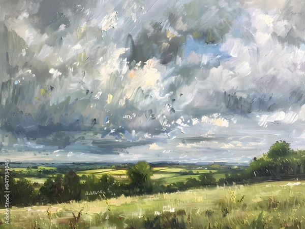 Fototapeta oil painting of an English countryside view with a cloudy sky and muted green colour tone Oil color painting. Generative AI.