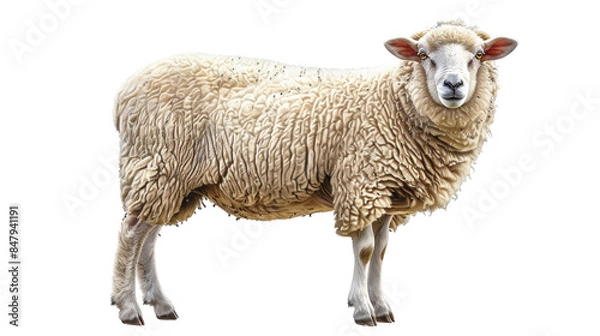 Fototapeta A single white sheep stands against a black background, looking directly at the camera.  The sheep has a fluffy coat and large, dark eyes.