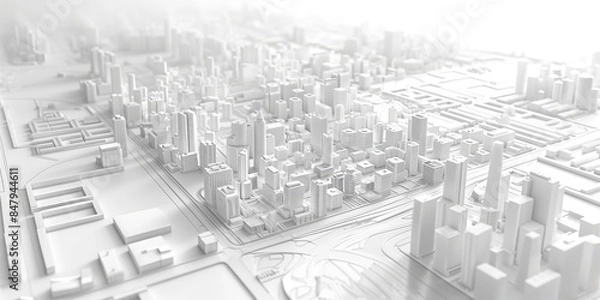 Fototapeta Birds Eye view of a modern city. Urban concept. White clay 3D rendering.  Created with Generative AI technology.