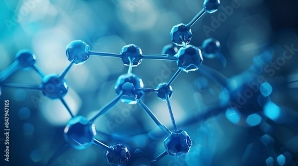 Fototapeta Macro Close-up of Carbon Metal Molecules Structure in Double Exposure on Blue Background. 3D Rendering of Carbon Technology Science Abstract Wallpaper for Innovation Concepts, Global Designs in Advert