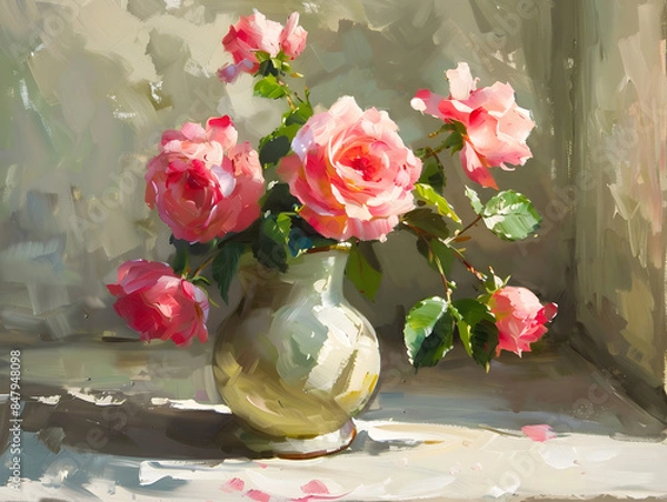 Fototapeta Still life vase with rose flowers Oil color painting. Generative AI.