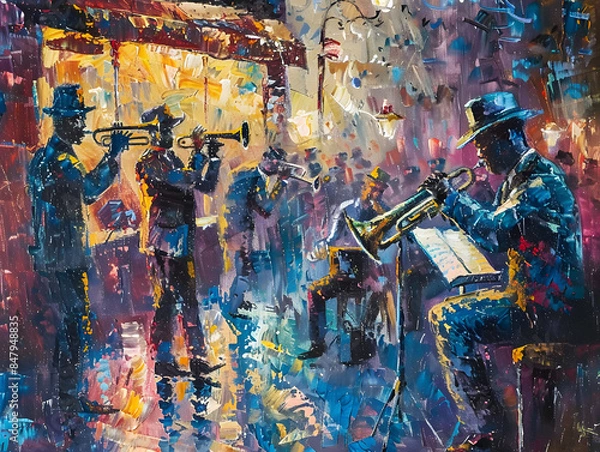 Fototapeta Stylish jazz band playing music on the scene Oil color painting. Generative AI.