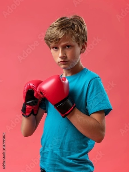 Fototapeta Portrait of little white boy wearing boxing gloves on a pink background