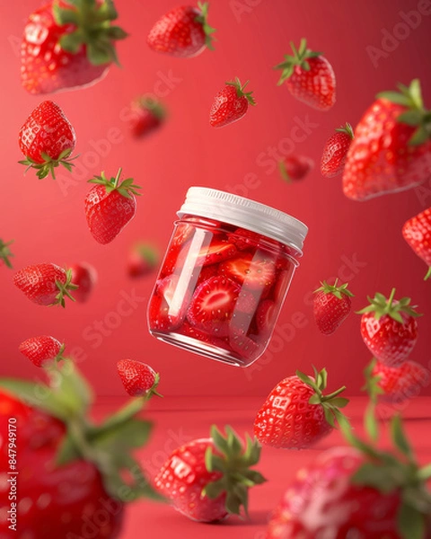 Fototapeta Advertising photograph of strawberry jam jar floating in the middle with flying fresh red strawberries around, no logo