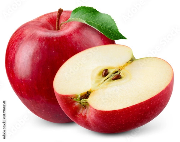 Fototapeta Apple isolated png. Red apple and a half with leaf on transparent background. PNG format. Red apples with no background. Full depth of field.