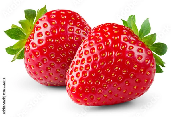 Fototapeta Strawberry isolated png. Strawberry on transparent background. PNG format. Two strawberries with no background. Full depth of field.