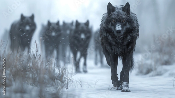 Fototapeta A pack of wolves approaching their prey, made with AI