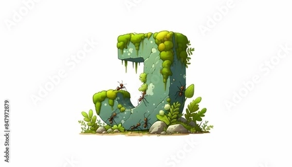 Fototapeta Letter J grows naturally from lichens and mosses on a rock in the forest as ants move around it.