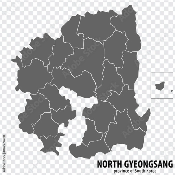 Fototapeta Blank map North Gyeongsang Province of South Korea. High quality map Province of North Gyeongsang with districts on transparent background for your web site design, logo, app, UI. Republic of Korea.  