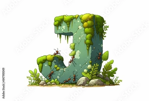 Fototapeta The letter J naturally sprouts from lichens and moss on a rock in the forest while ants move leaves around it.