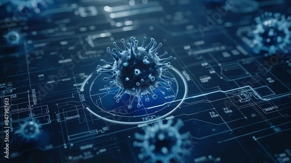Fototapeta A computer screen shows a virus on a blue background