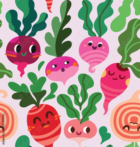 Fototapeta Seamless pattern with cartoon radishes in vector