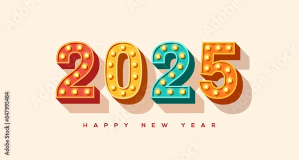 Fototapeta 2025 Merry Christmas and Happy New Year retro logo, card banner with typography design. Vector illustration. Numbers of light bulbs font. Minimal invitation flyer, brochure voucher template.