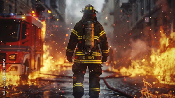 Fototapeta With a fire hose in tow, this firefighter is on a determined walk in a street ablaze, fronting the firefighting engine
