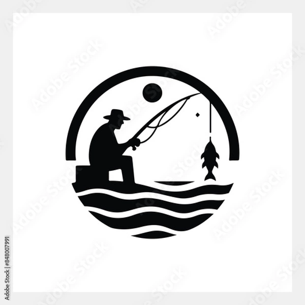 Obraz A man fishing, a black and white logo