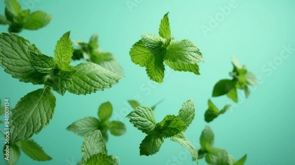 Fototapeta Background of flying emerald mint leaves close up on a pale green background.
