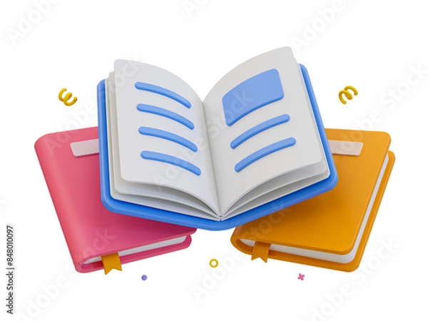 Fototapeta 3D illustration of an open book with two colorful closed books, symbolizing education, reading, and literature.