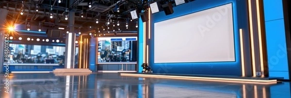 Obraz Modern News Studio with Blue Lighting