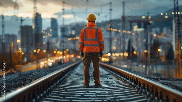 Fototapeta Railway worker standing on tracks at dawn