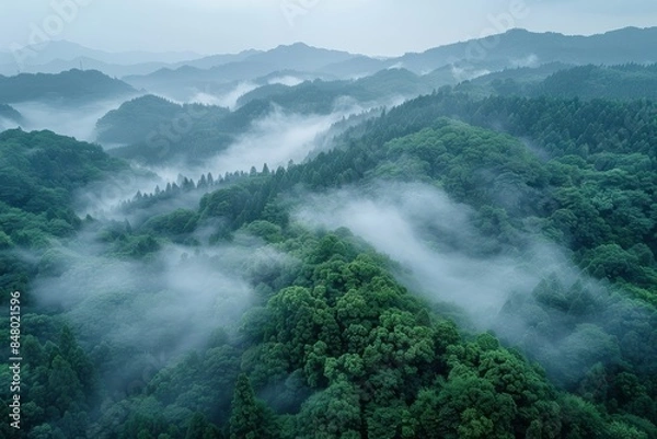 Fototapeta A scenic view of misty mountains with lush green forests, displaying layers of fog and peaks fading into the horizon under a hazy sky.