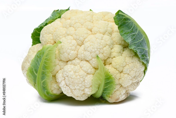 Fototapeta Whole head of the fresh raw cauliflower with some leaves close-up on a white background 1