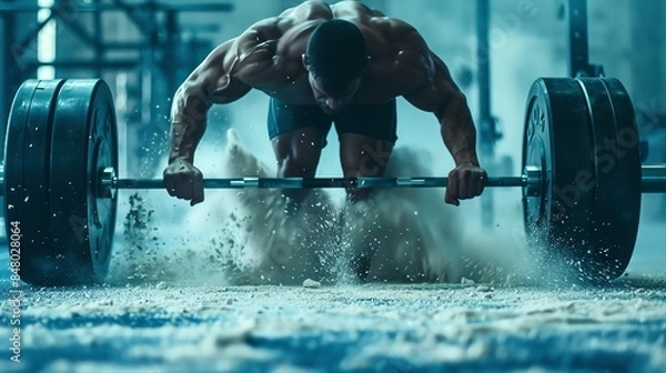 Obraz A muscular man lifts a heavy barbell in a gym,  his effort creates a cloud of dust.  The photo captures strength and determination.