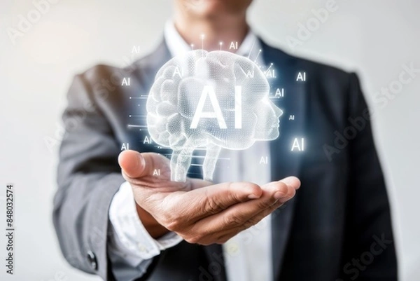 Fototapeta Businessman presenting an AI hologram, highlighting advancements in artificial intelligence and professional technology.