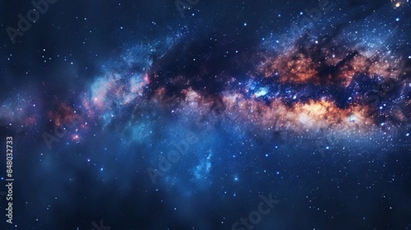Fototapeta "Stock illustration featuring the Milky Way galaxy and a blue nebula, showcasing the vastness and beauty of outer space with cosmic colors and celestial elements."