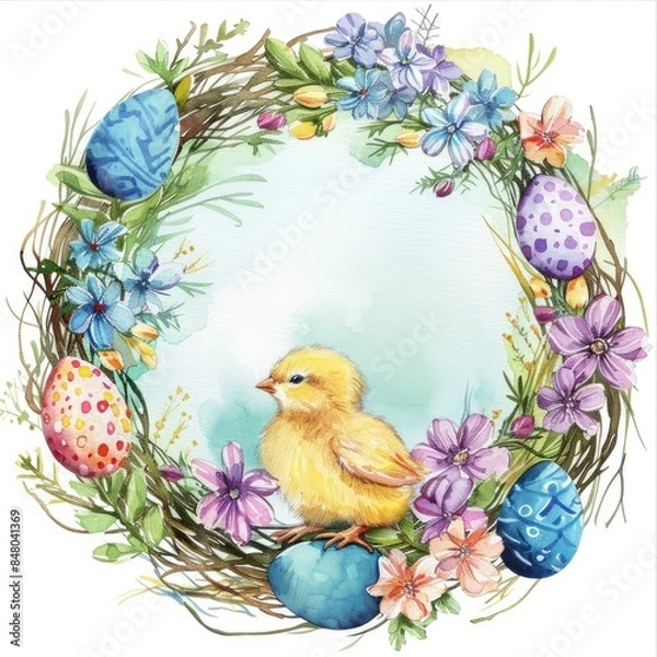 Obraz Hand-drawn Easter Wreath with Colorful Eggs, Spring Flowers, and Little Yellow Chick - Watercolor Illustration