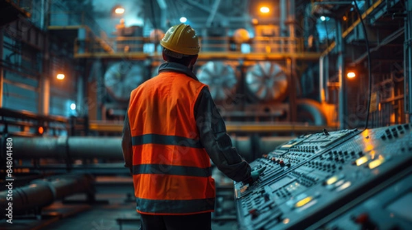 Fototapeta Industrial worker in safety gear monitoring a control panel in a dimly lit factory environment.