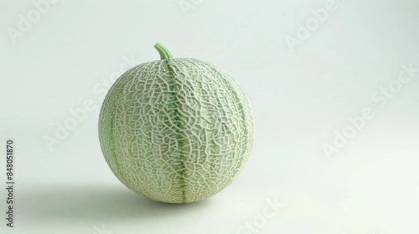 Fototapeta Realistic digital depiction of a textured green melon isolated on a light gray background, emphasizing its detailed surface.