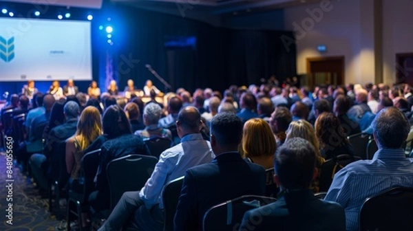 Fototapeta Audience attending a conference with a panel discussion on stage, featuring a blue-lit atmosphere in a modern convention hall.
