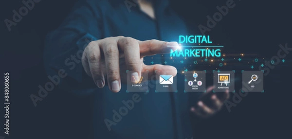 Fototapeta Digital marketing commerce online sale concept, Digital platform for online marketing and network technology concepts, digital , website ad, email, social network, video, SEO and business strategy.