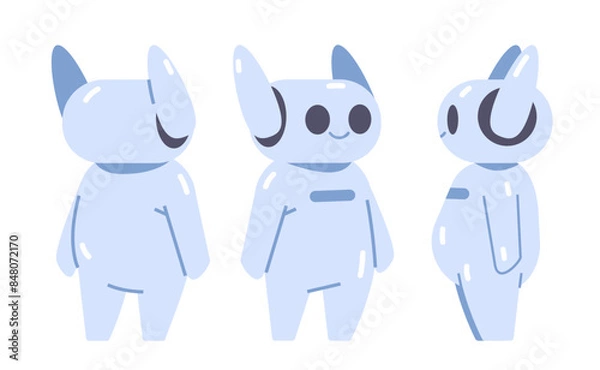 Obraz Cute robot side, front and back view on isolated background. Flat vector character