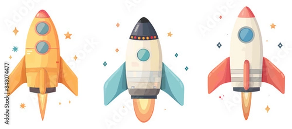 Fototapeta Spaceship toys on a clean white background. Vector flat isolated illustration.