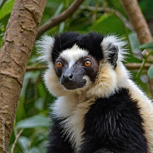 Fototapeta A Black  White Ruffed Lemur.